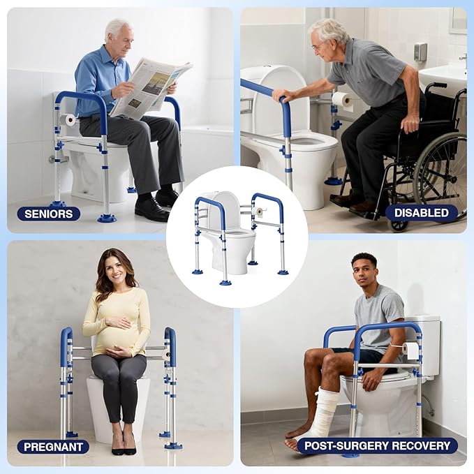 Foldable Toilet Safety Rails for Seniors - Adjustable Toilet Safety Frame & Toilet Handles for Elderly & Disabled, Fits Most Toilets, 350lb Capacity, Blue