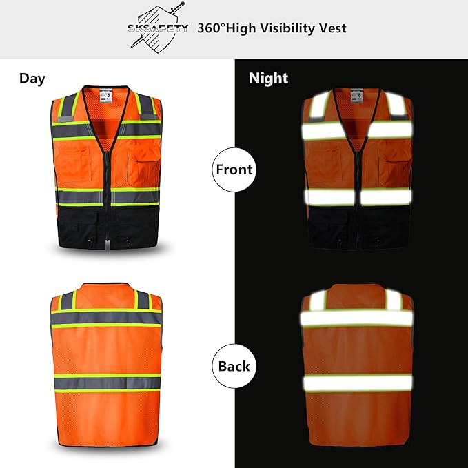 SKSAFETY 10 Pockets Professional level Safety Vest, Class 2 High Visibility Security Vest with Zipper, Hi Vis Vest with Reflective Strips, ANSI/ISEA Standard, Construction Work Vest（Orange Black, 2XL）