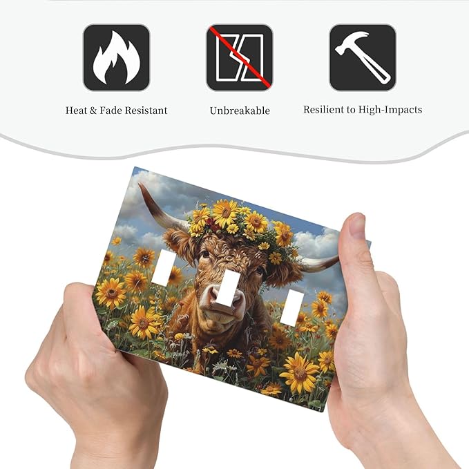 Decorative Switch Plates Vintage Sunflower Highland Cow Rustic Art 3 Gang Wall Plate Triple Toggle Light Switch Cover Faceplate Electrical Wall Panels for Bedroom Farmhouse Decor