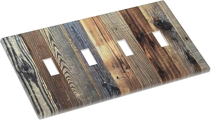 Barn Brown Wood Rustic Weathered Wood Print Light Switch Covers Quad Toggle Electrical Faceplate 4 Gang Wall Plate Decorative Switch Plates for Farmhouse Home Decor