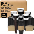 20 oz 500 Pack Coffee Cups with Lids and Sleeves, Straws, Hot Disposable To Go Travel Paper Cups Bulk for Office, Home Coffee Bar Accessories, Chocolate, Cocoa, Beverage (Black)