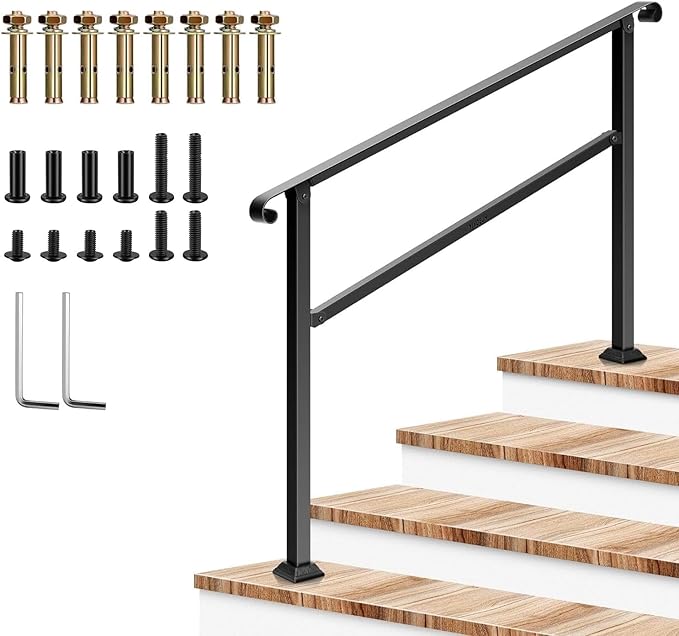 VIVOSUN Outdoor Handrail, 54" x 36" Fits 1-4 Steps, Wrought Iron Stair Railing with Curved Ends, One-Step Assembly, Black