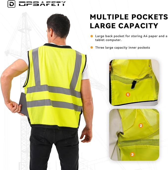 Reflective Safety vest With back plan pocket,High visibility Class 2 Heavy Duty Surveyor Vest with Zipper,Hi Vis Construction Work Vest for Men＆Women ANSI/ISEA(Yellow-Bottom,5XL)