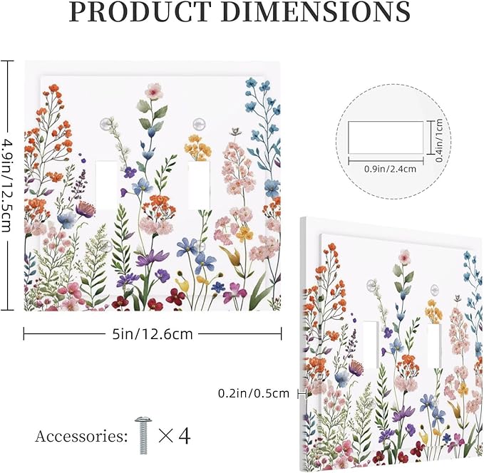 Rustic Wild Floral Vintage Colorful Flowers Double Toggle Light Switch Covers Decorative 2 Gang Wall Plate Cover Dual Device Electrical Switchplate Dimmer Faceplate for Bathroom Decor