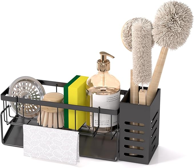 NET MEYA Kitchen Caddy Sink Organizer,Sponge Holder with Dish Brush Holder,Sponge Caddy Soap Dispenser Storage,304 Stainless Steel Kitchen Sink Accessories