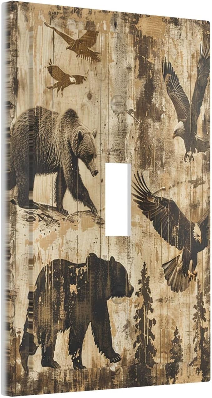 Decorative Light Switch Cover Vintage Cabin Wildlife Animal Bear Eagle Forest 1 Gang Single Toggle Device Electrical Faceplate Switchplates Decorator Outlet Wall Plate for Farmhouse Bedroom