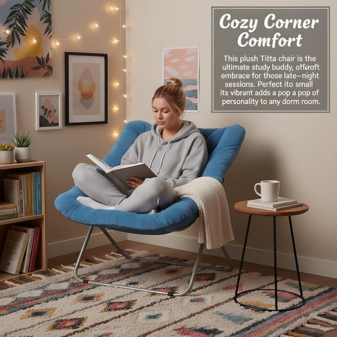 Tiita Comfy Saucer Chair, Soft Faux Fur Oversized Folding Accent Chair, Lounge Lazy Chair for Kids Teens Adults, Metal Frame Moon Chair for Bedroom, Living Room, Dorm Rooms, X-Large, Blue