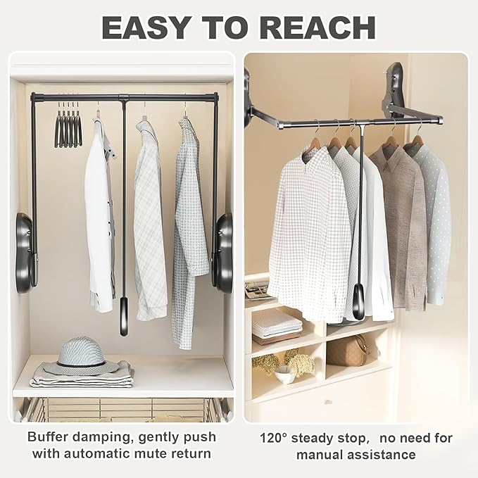 YJINGRUI Pull Down Closet Rod, 120° Pull-down Wardrobe Hanger with Lift Damping System, 55lb Adjustable Clothing Rack for Cloakroom/Bedroom/Balcony (33.4"-45.3")