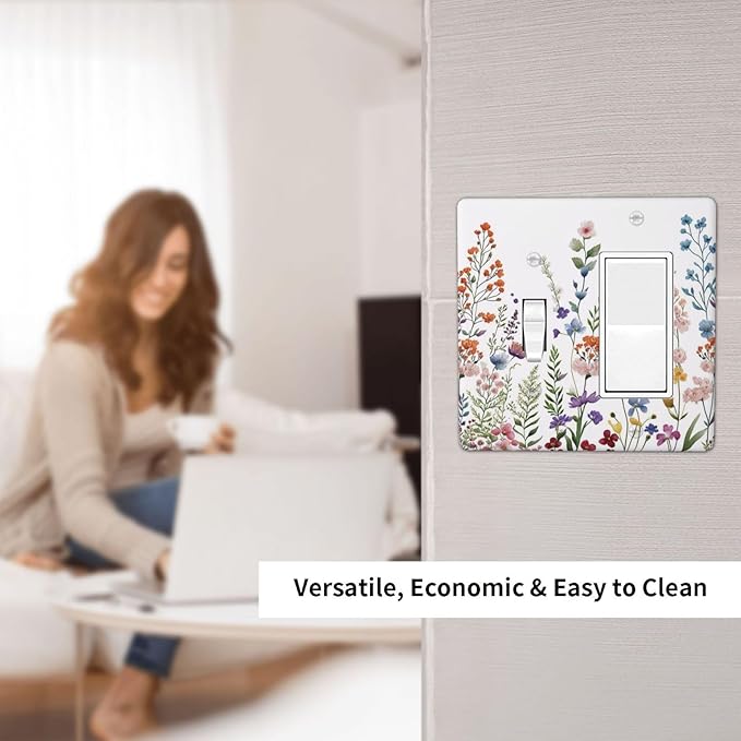 Rustic Wild Floral Vintage Colorful Flowers 2 Gang Combination Light Switch Covers Decorative Toggle Rocker/Decora Wall Plate Electrical Receptacle Switchplate Dimmer Faceplate for Bathroom
