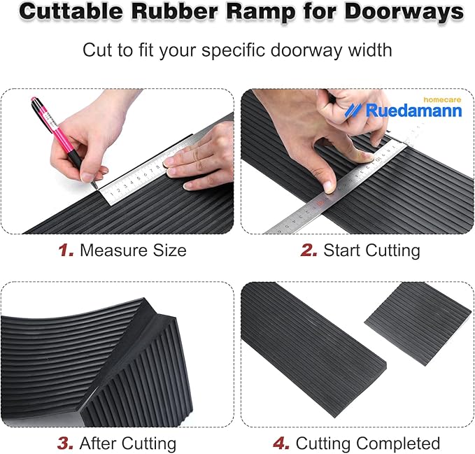 Ruedamann 1.8" Rise Threshold Ramp for Doorways, Sturdy Rubber Threshold Ramp, Non-Slip Power Door Ramps for Wheelchairs is Adjustable and Cuttable for Doorways,Curb, Scooters, Driveways