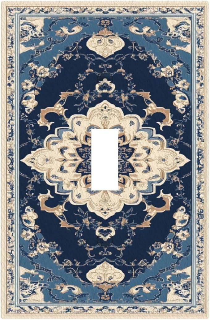 Decorative Light Switch Covers Boho Beige Navy Blue Medallion 1 Gang Light Switch Cover Plate Single Toggle Wall Plate Outlet Covers Wall Plate Dimmer Faceplate for Country Bathroom Bedroom