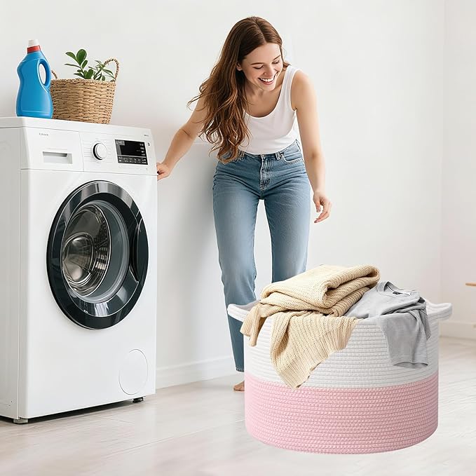 Large Storage Basket with Handle,19.7" L x 19.7" W x 13" H Blanket Basket Storage Bins for Organizing,65L Cotton Rope Woven Baskets for Living Room, Nursery ,Bedroom,White&Pink