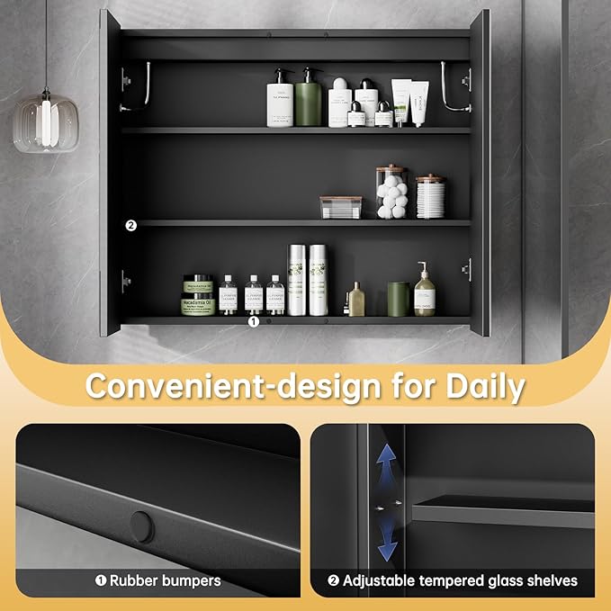 16"X24" Bathroom Medicine Cabinet with Mirror, LED Lighted Medicine Cabinet with Anti-Fog, 3 Colors Temperature Stepless Dimmable, Metal Cabinet for Storage and Mordern Decor, Black