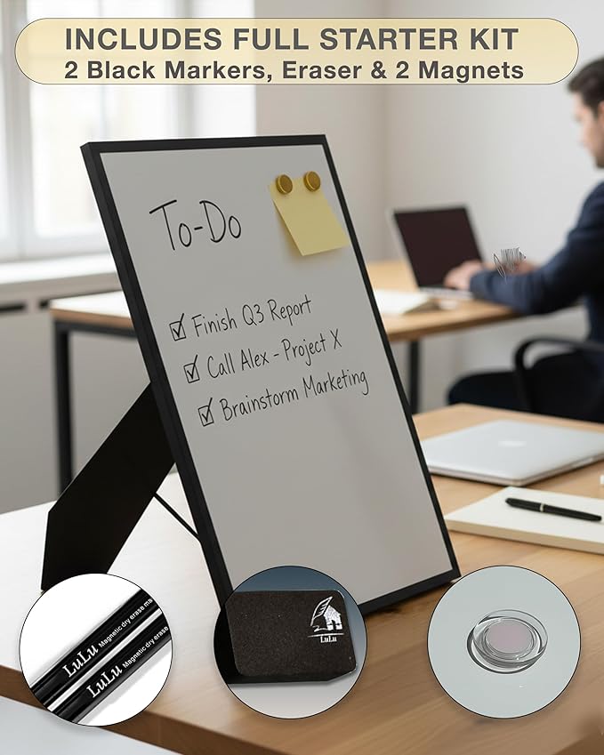 Small Whiteboard 12 x 16 Inch Magnetic Dry Erase Board with Stand & Wall Mount | Gold Aluminum Frame | Desktop Board for Home, Office, Reception, Events | 2 Markers, Eraser & 2 Magnets