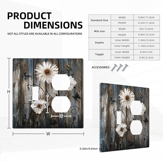 Rustic Wood Background Floral Butterfly Daisy Wallplates 1 Toggle 1 Duplex Switch Plate Electrical GFCI Faceplate Decorative Light Switch Covers for Farmhouse Bedroom Decor