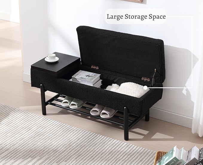 EALSON Modern Storage Bench for Bedroom End of Bed Sherpa Ottoman Bench with Storage Upholstered Entryway Bench with Wood Shoe Rack Farmhouse Long Seating Bench for Hallway/Foyer, Black
