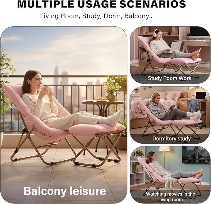 Tiita Folded Chair with Straight Ottoman, Soft Faux Fur Oversized Folding Accent Chair,Lounge Lazy Chair, Metal Frame Moon Chair for Bedroom, Living Room, Dorm Rooms, Garden and Courtyard, Pink