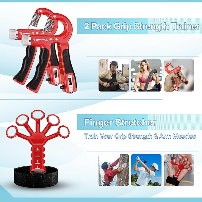 Grip Strength Trainer(5 Pack) with Finger Exerciser, Hand Grip Strengthener, Finger Stretcher,Grip Ring & Stress Relief Ball for Muscle Building and Injury Recover with Carry Bag