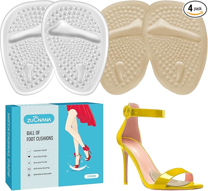 Ball of Foot Cushions, Metatarsal Pads Women (2 Pairs), Non-Slip Heel Inserts for Women, Gel Heel Cushions for Foot Pain Relief and Comfort | One Size Fits Any (Beige & Clear)