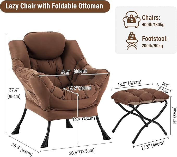 Lazy Chair with Ottoman, Modern Chair with Folding Footrest, Lounge Accent Chair, Comfortable Reading Chair (Dark Brown)