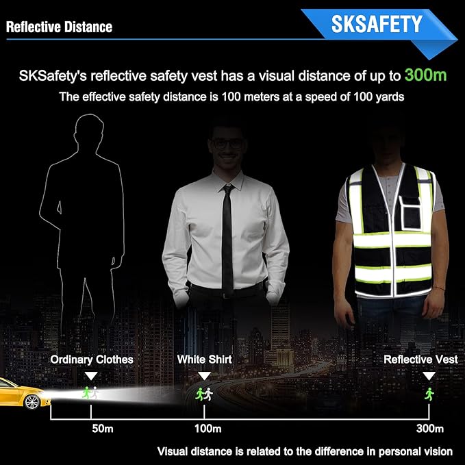 SKSAFETY 10 Pockets Safety Vest, Class 2 High Visibility Security with Zipper, Hi Vis Vest with Reflective Strips, ANSI/ISEA Standard, Construction Work Vest for Men ＆ Women （Black, 4XL）