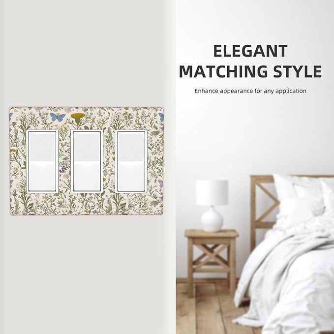 Floral Vintage Garden Plants Herbs Flower Botanical Outlet Covers Triple Rocker Light Switch Covers Decorative Mustard Green 3 Gang Wall Plate Gfci Electrical Receptacle Switchplate Faceplate
