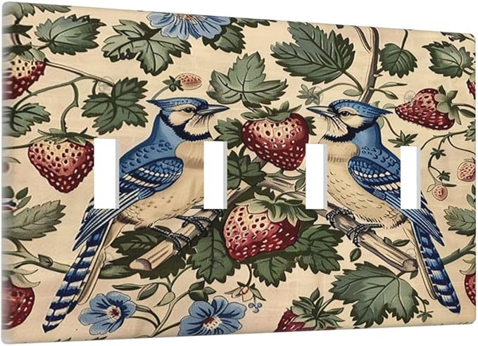 Light Switch Covers Vintage Floral Bird Strawberry Thief William Morris Quad Toggle Electrical Faceplate 4 Gang Wall Plate Decorative Switch Plates for Bedroom Home Decor
