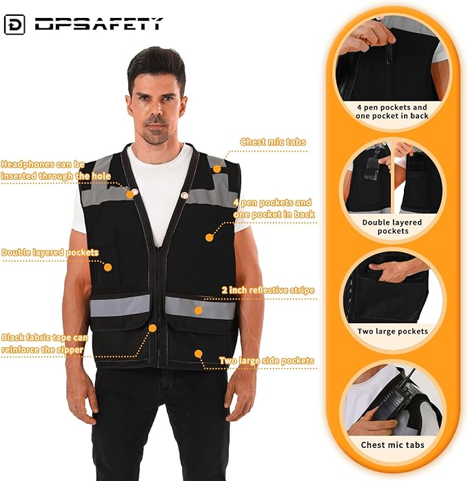 Reflective Safety vest With back plan pocket,High visibility Class 2 Heavy Duty Surveyor Vest with Zipper,Hi Vis Vest ANSI/ISEA Standard, Construction Work Vest for Men＆Women(Black,M)