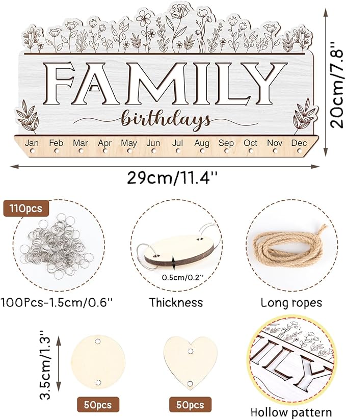KAlRNE Family Birthday Reminder Board,Decorative Botanical Birthday Tracker Plaque,Anniversary Reminder with 100 Wood Tags,DIY Calendar Plaque Flowers Sign Gift for Family Grandma Mother Day