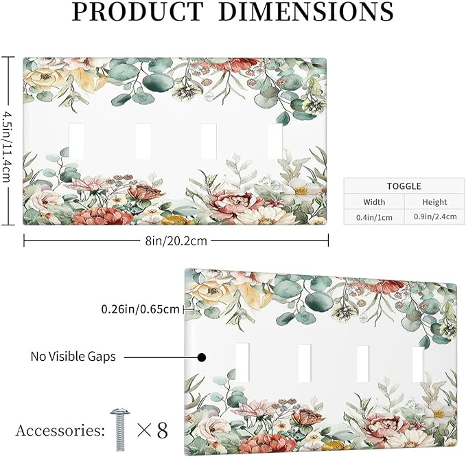 Light Switch Covers Vintage Boho Floral Leaves Rustic Sage Botanical Quad Toggle Electrical Faceplate 4 Gang Wall Plate Decorative Switch Plates for Bedroom Home Decor