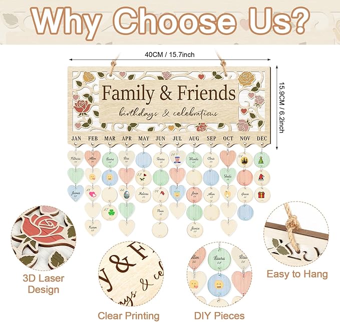 CHDITB Wooden 3D Family Friends Birthday Calendar Wall Hanging(16"x6"), Boho Flowers Botanical Birthday Celebrations Reminder Tracker with Tags, Custom DIY Mother Gifts for Grandma