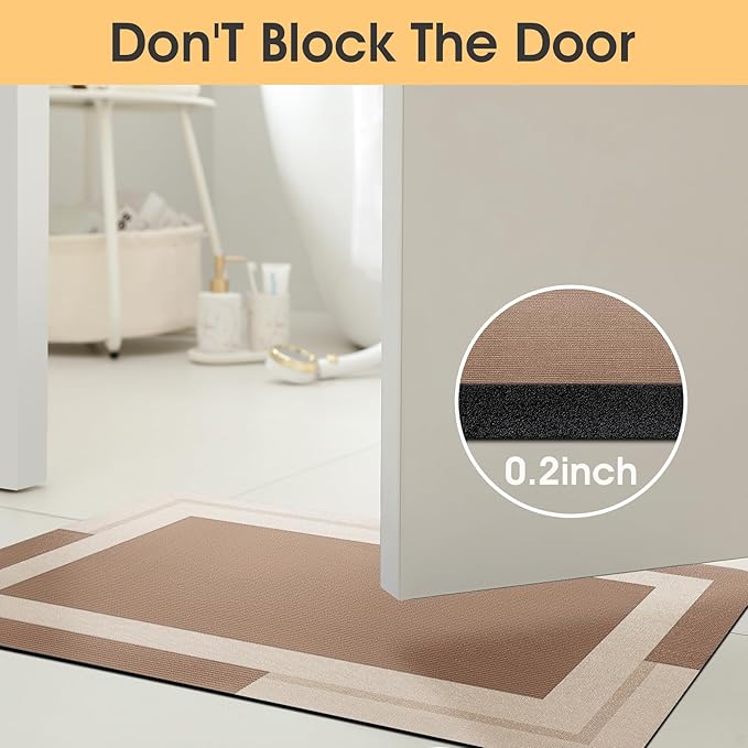 Ultra Thin Bath Mat, Upgrade Non Slip Thin Bath Mats Fit Under Door, Quick Dry Ultra Absorbent Bathroom Rugs, Machine Washable Bath Rugs for Bathroom, Taupe/Bordered/24"x17"+ 24"x20" Contour Rug