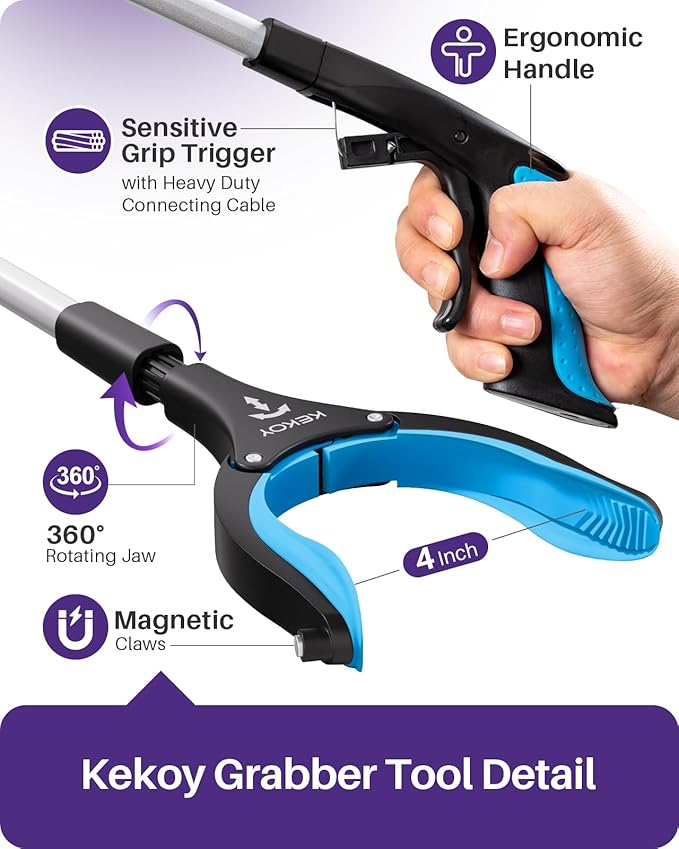 32inch Grabber Reacher Tool for Seniors, Foldable Reacher Grabbers Pickup Stick with Anti-Slip 360° Rotating Jaw, 4" Wide Extended Claw with Magnet for Disabled, After Surgery Recovery