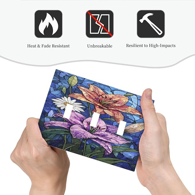 Decorative Switch Plates Vintage Colorful Flower Oil Painting Style 3 Gang Wall Plate Triple Toggle Light Switch Cover Faceplate Electrical Wall Panels for Bedroom Bathroom Decor