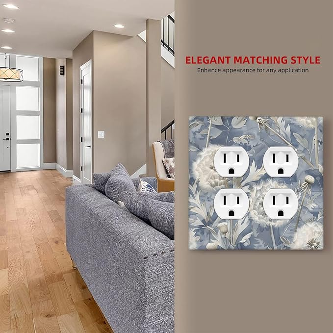 Blue Dandelion Vintage Floral Boho Flower Outlet Covers 2 Gang Double Duplex Decorative Light Switch Covers Electrical Wallplates Socket Faceplate for Bedroom Living Room Home Decor