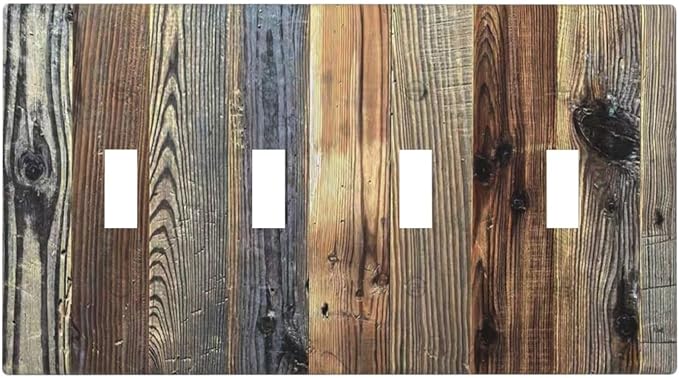 Barn Brown Wood Rustic Weathered Wood Print Light Switch Covers Quad Toggle Electrical Faceplate 4 Gang Wall Plate Decorative Switch Plates for Farmhouse Home Decor