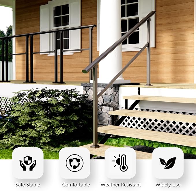DIYHD 5 Step Handrail for Outdoor,Powder Coated Iron Stair Railing,Black Hand Rails for Indoor, Porch,Deck,1 Pack