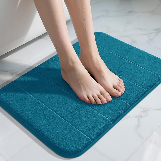 Yimobra Memory Foam Bath Mat, Super Soft Absorbent Bathroom Rug Non Slip, Quick Dry, Machine Washable Floor Carpet for Tub Shower, Home Decor Accessories, 24x17, Peacock Blue