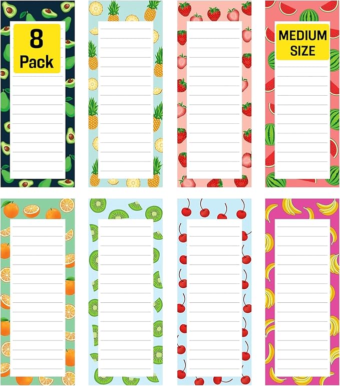 8 Magnetic Notepads – Notepads for Grocery List, Shopping List, To-Do List, Reminders -Strong Magnetic Back- Memo Notepad with Realistic Fruit Designs | 25 Sheets per Pad 7.5 x 3.5 inch (8 Pack)