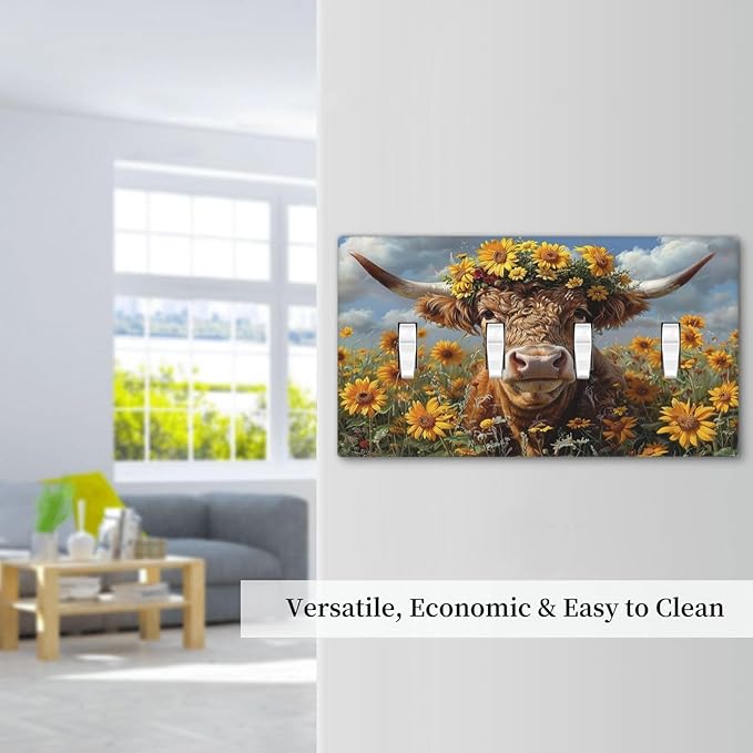 Light Switch Covers Vintage Sunflower Highland Cow Rustic Art Quad Toggle Electrical Faceplate 4 Gang Wall Plate Decorative Switch Plates for Bedroom Farmhouse Decor