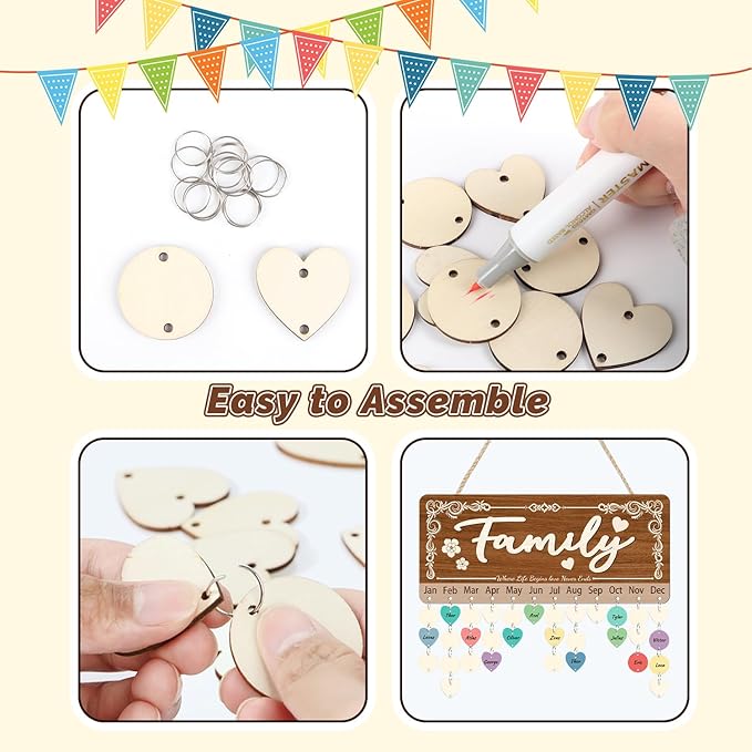 KAlRNE 3D Family Birthday Reminder Board,DIY Birthday Plaques,Rustic Hanging Wooden Calendar,Anniversary Reminder with 100 Wood Tags,Best Christmas for Family Grandmother