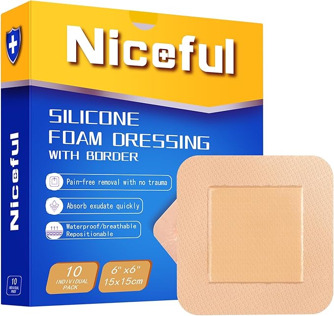 10 Pcs Silicone Foam Dressing 6x6 inch - Large Bandages for Wounds, Absorbent Silicone Bandages for Wounds, Waterproof Bed Sore Bandages Wound Dressing,HSA FSA Eligible