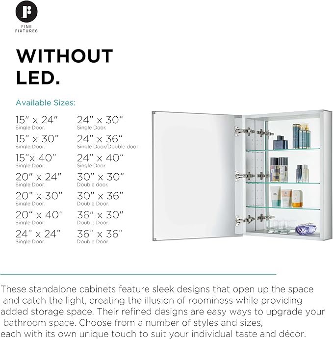 Fine Fixtures Bathroom Medicine Cabinet, Aluminum, Recessed/Surface Mount, Right/Left Hinged, Mirrored Interior (24 x 30)