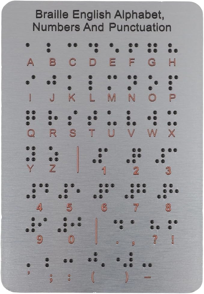 Braille Learning Board For Beginners With Raised Dots, Numbers And Punctuation,Aluminum Tactile Teaching Aid For Visually Impaired, 7.25X4.7 Inches