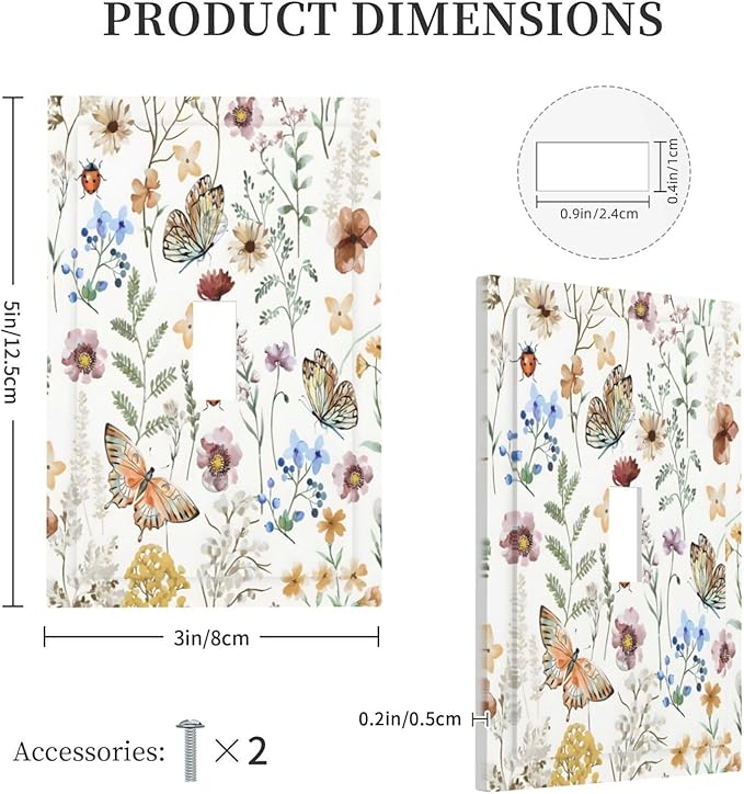 Boho Multicolor Flower Butterfly Insect Floral Decorative Light Switch Cover 1 Gang Single Toggle Device Electrical Faceplate Switchplates Decorator Outlet Wall Plate for Bedroom Living Room Decor