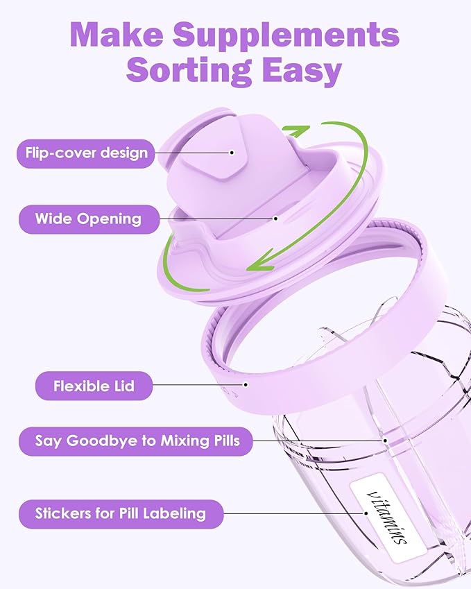 Cute Pill Organizer,Pill Dispenser with 7 Large Compartments,Portable Pill Bottle Box with Wide Opening for Easy Use, Anti-Mix Pills Organizer for Travel,Includes 20 Pcs Sticky Labels（Purple）