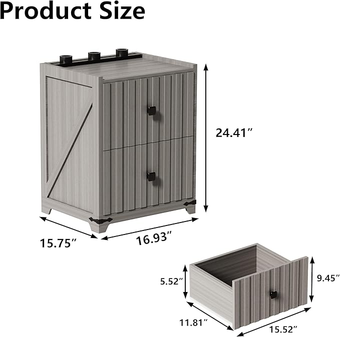 Night Stand with Slidable Charging Station,Nightstands with 2 Drawers,Farmhouse EndTable and Bedside Table,Small Side Table for Bedroom（Newly Upgraded）