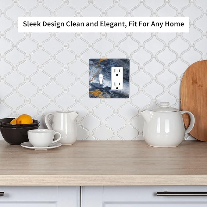 Decorative Outlet Covers Gold Dark Blue Gilt Haze Marble 2-Gang Combo Light Switch Cover Plate Single Toggle/Rocker Wall Plate Plug Switch Plate Covers for Bathroom Decor
