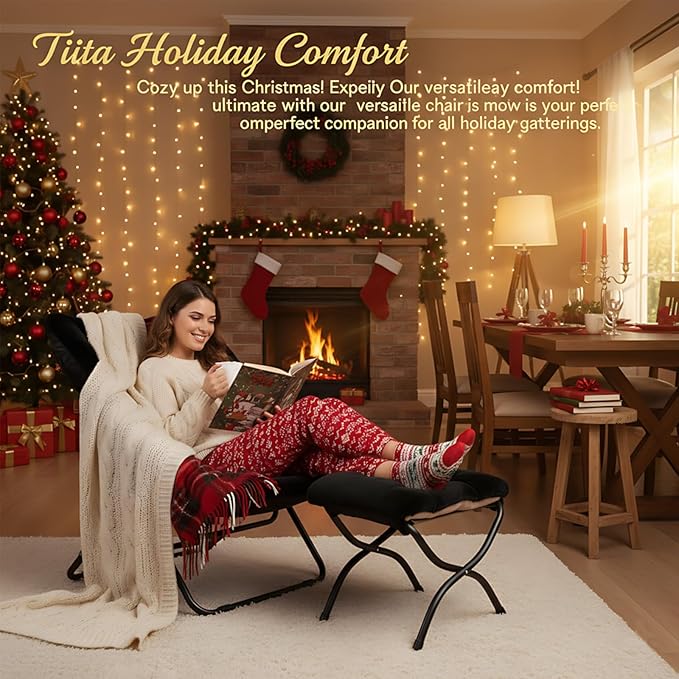 Tiita Folded Chair with Ottoman, Soft Faux Fur Oversized Folding Accent Chair,Lounge Lazy Chair, Metal Frame Moon Chair for Bedroom, Living Room, Dorm Rooms, Garden and Courtyard