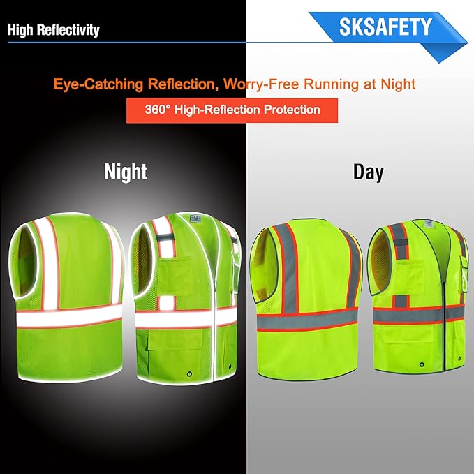 SKSAFETY 10 Pockets Safety Vest, Class 2 High Visibility Security with Zipper Double-sided mesh, Hi Vis Vest with Reflective Strips, ANSI/ISEA Standard, Construction Work Vest （Lime, L）
